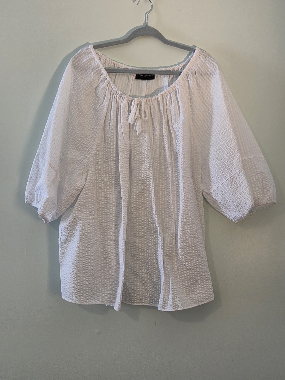 Lane Bryant White Textured Tie-Neck Peasant Blouse